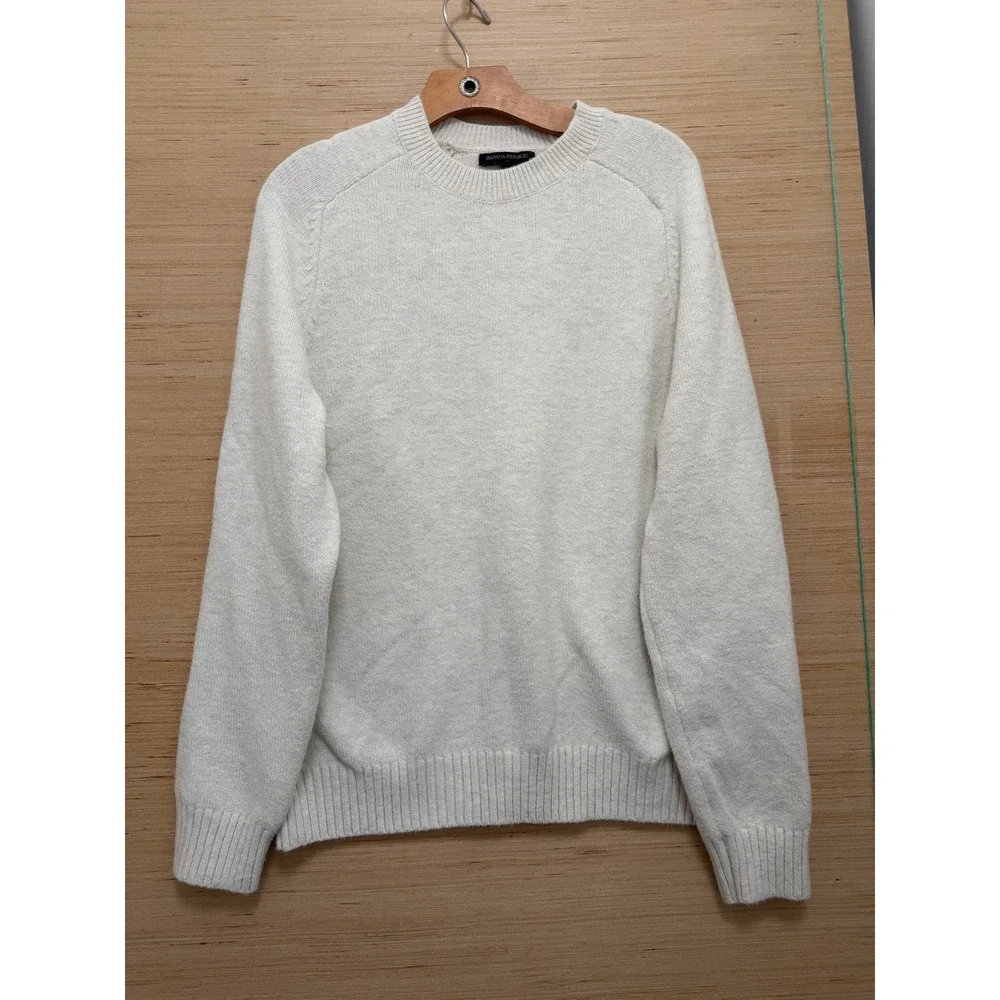 Banana Republic Mens L Cream Raglan Crewneck Knit Sweater Heathered Ivory 6467